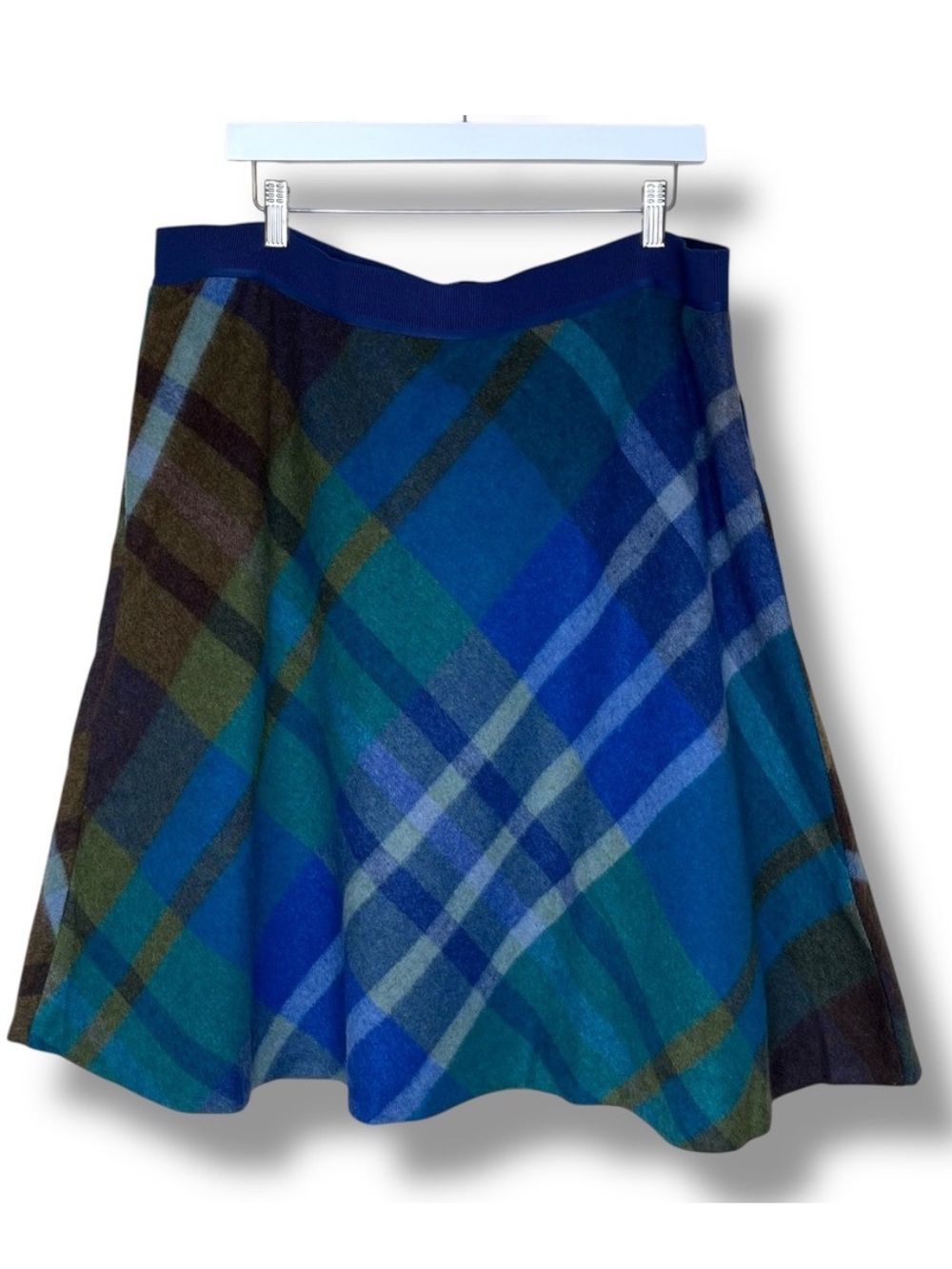 Lands' End Wool Blue Brown Plaid A Line Midi Skirt
